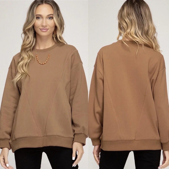 She + Sky Tops - She + Sky Oversized Sweatshirt, Cinnamon Brown, Small